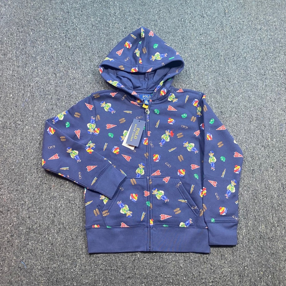Polo Ralph Lauren Hoodie Sz S Boys Blue Preppy Polo Bear All Over Print Zip Up